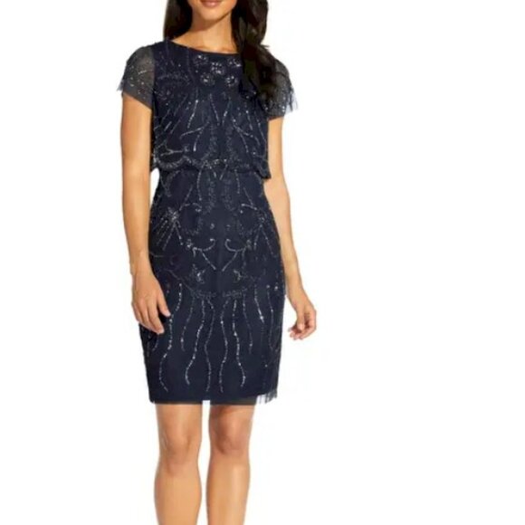 Adrianna Papell Beaded Embellished Overlay Dress Navy Blue Size 4 NWT - Picture 5 of 14